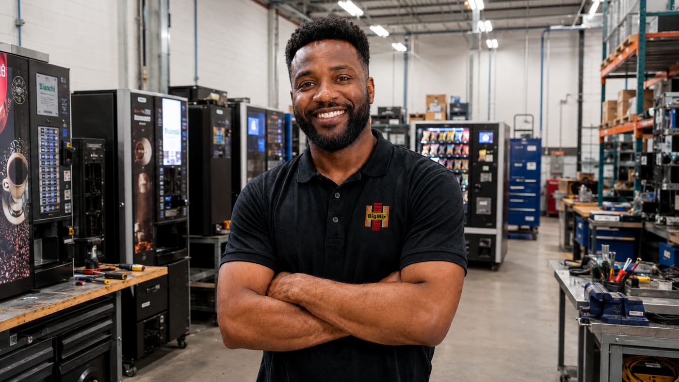 Técnico da equipe BigMix em fábrica de máquinas de vending